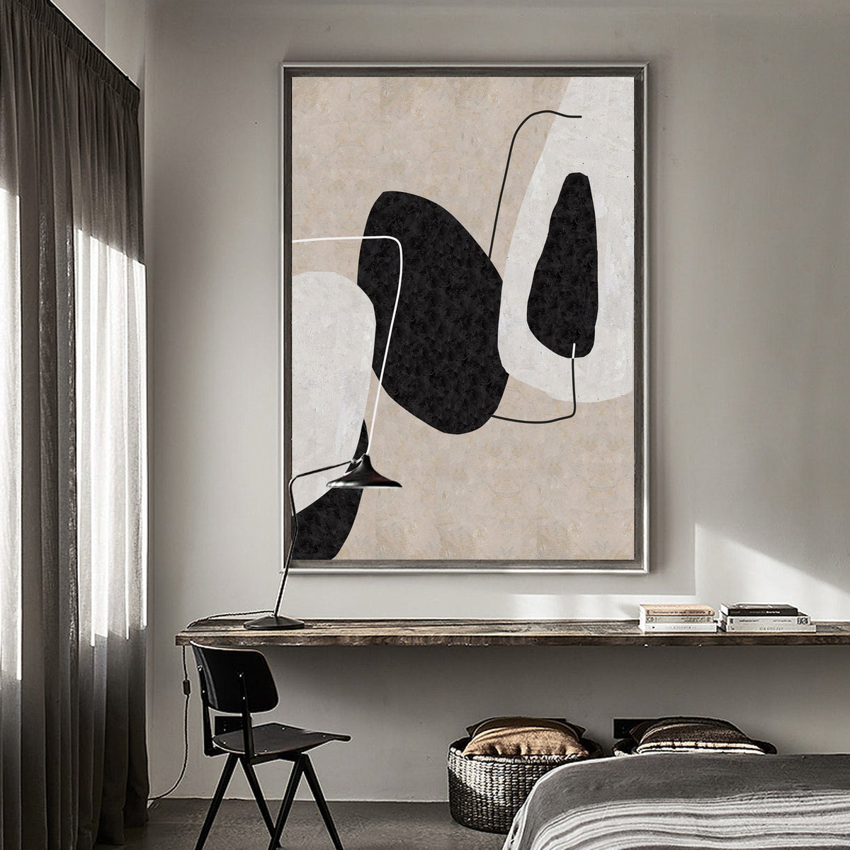 Minimalist Black Beige Abstract Oil Painting
