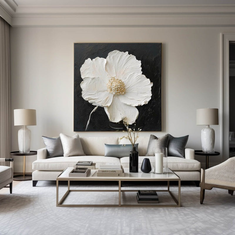 Wall Art White Flower Gold Textured Abstract Black Background Bedroom