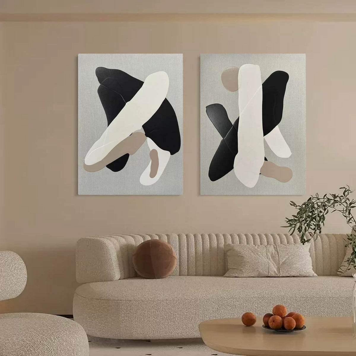 Abstract Neutral Organic Shape Diptych Wall Art