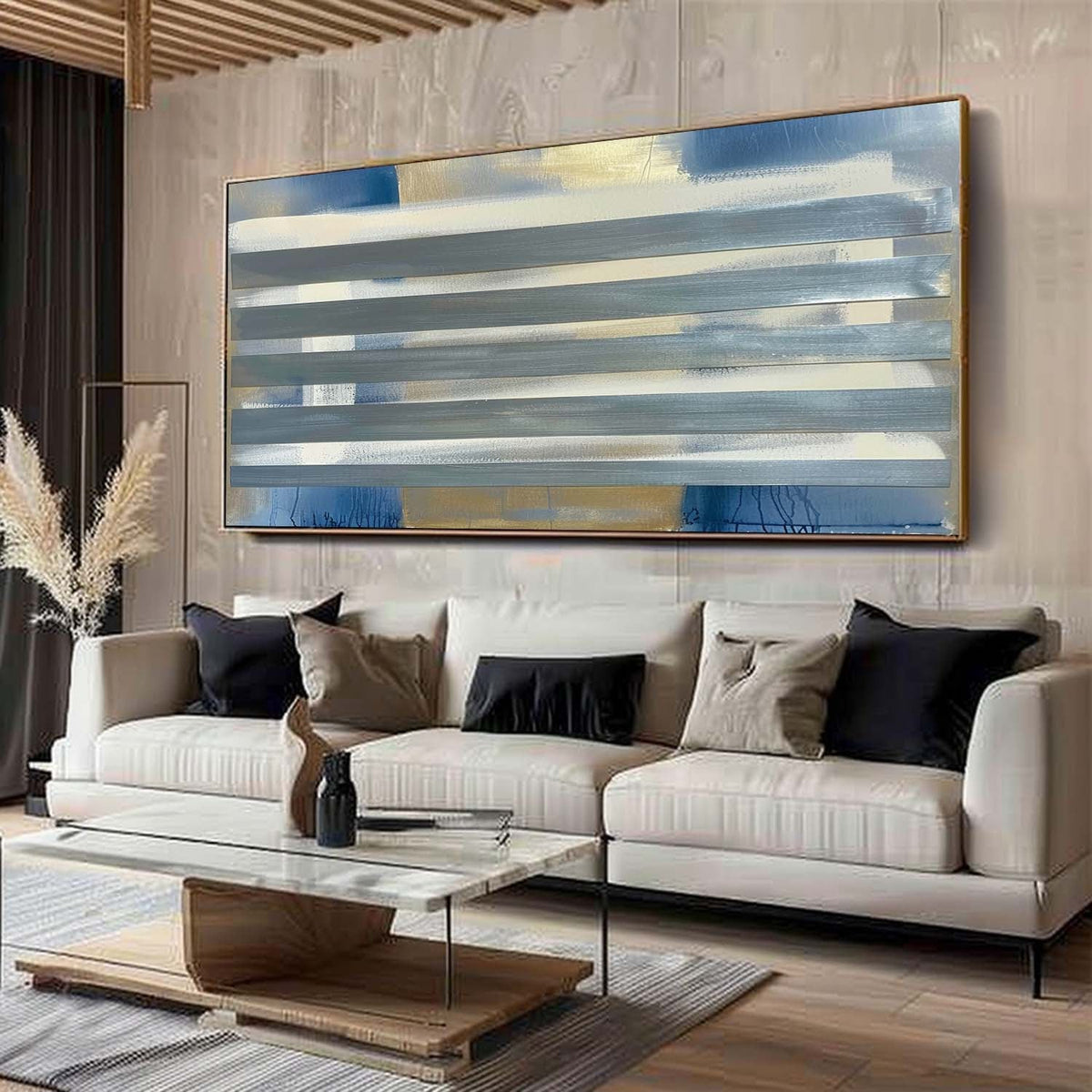 Gray Stripes Abstract Oil Painting Blue Gold Framed