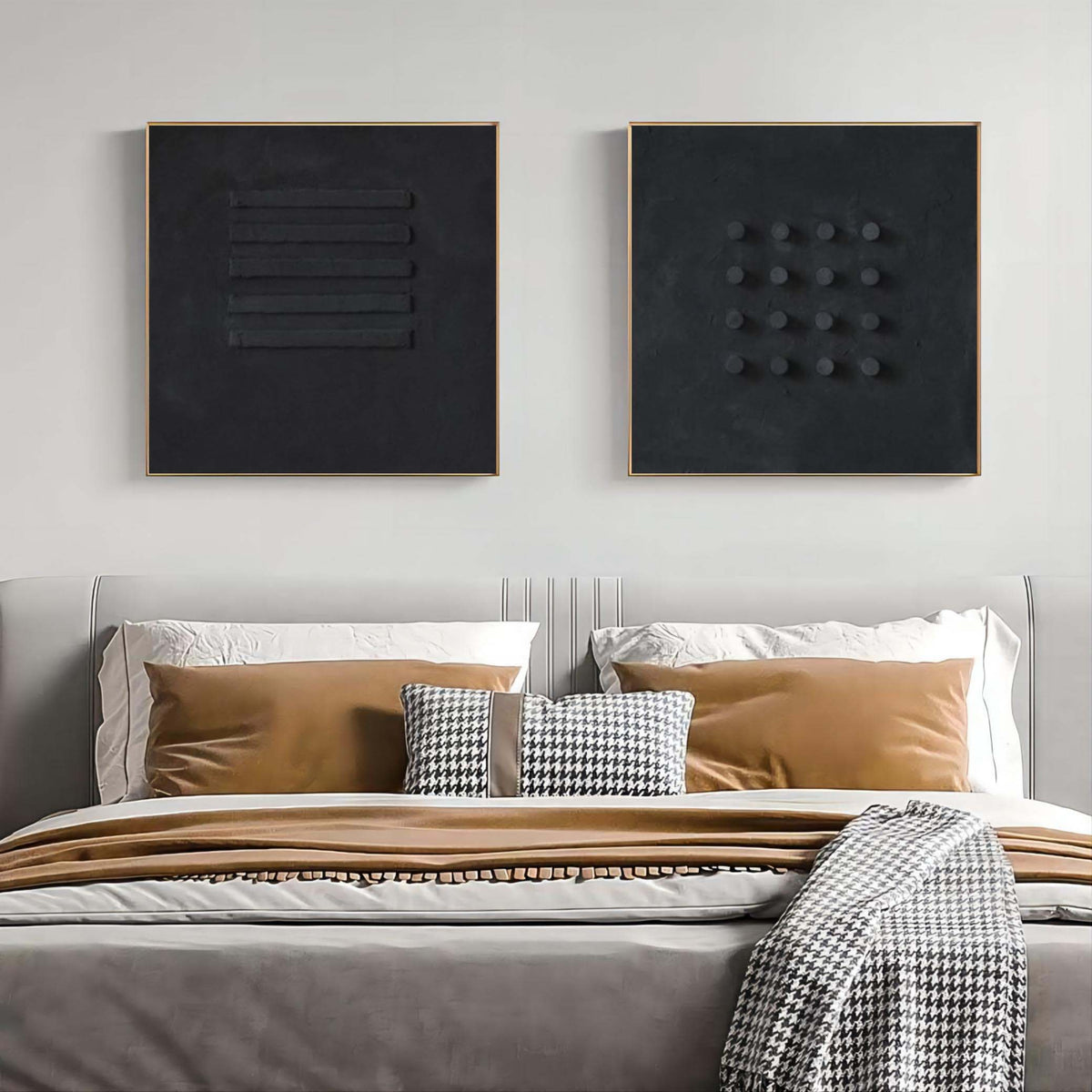 Minimalist Black Bas-Relief Diptych Painting Set Of 2