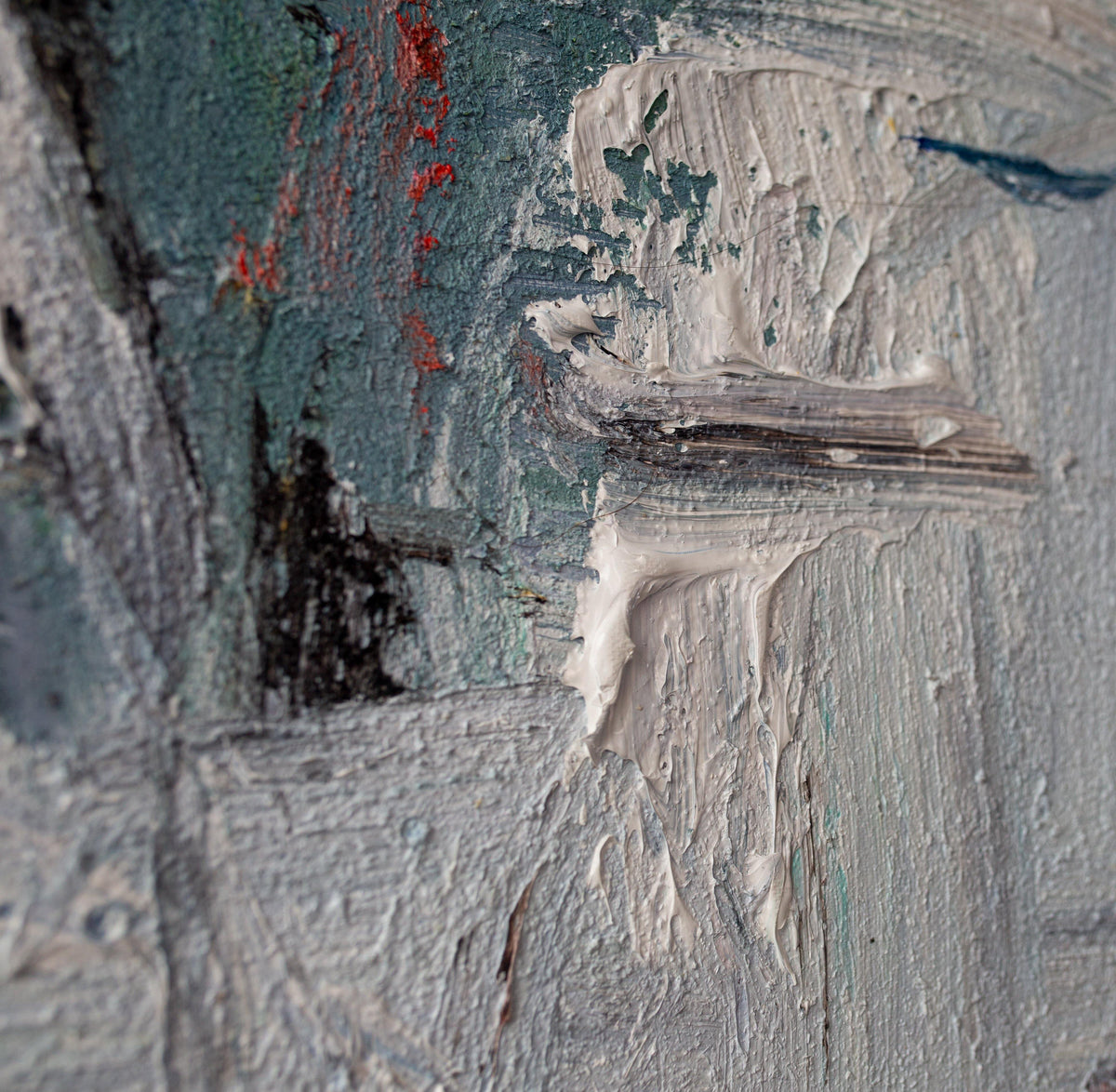 Grey‑Blue Vertical Red‑Accent Expressive Impasto Textured Artwork