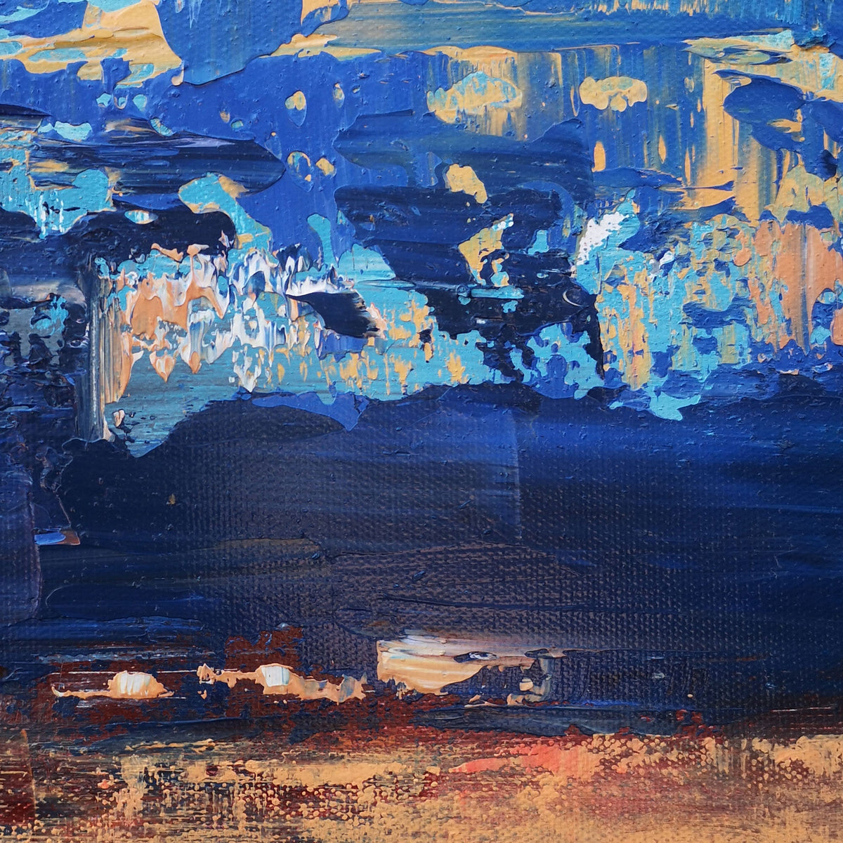 Blue‑Orange‑Gold Vertical Abstract Horizon Impasto‑Textured Artwork