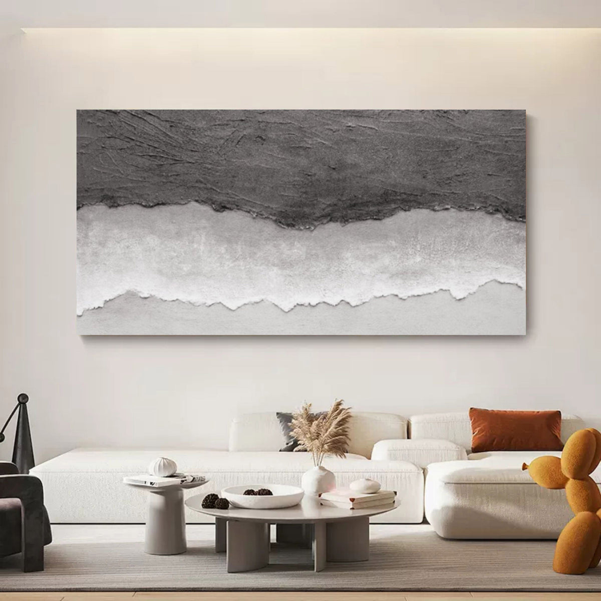 Monochrome Coastal Horizon Bas-Relief Painting