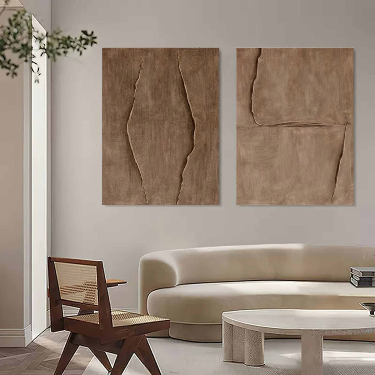 Set Of 2 Warm Brown Textured Diptych Painting