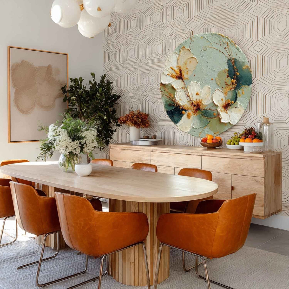 Wall Art Round White Floral Gold Accents