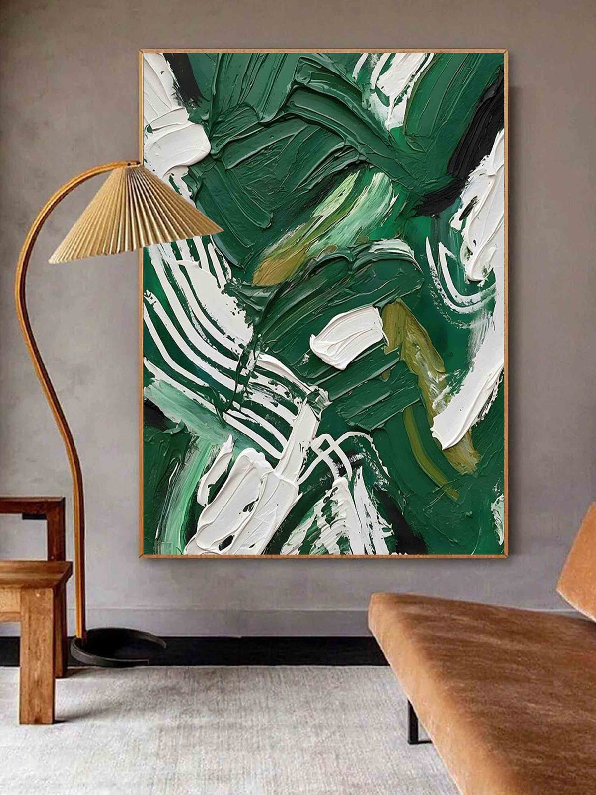 Colorful Dark Green And White Impasto Painting