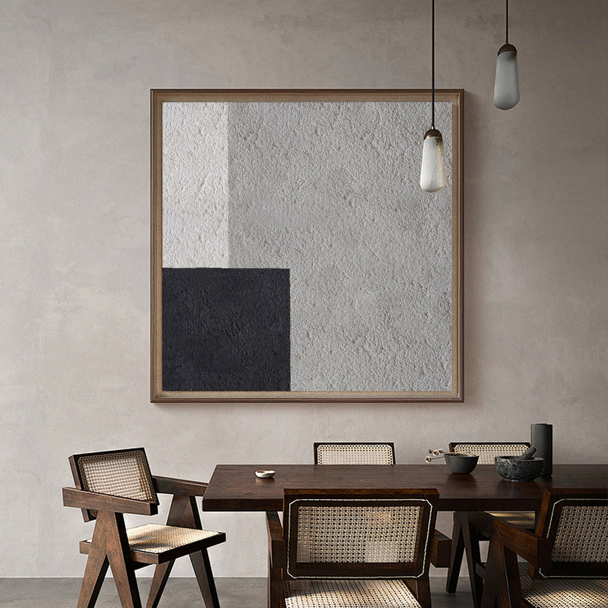 Grey‑Black‑Beige Square Geometric Offset‑Block Coarse‑Textured Artwork