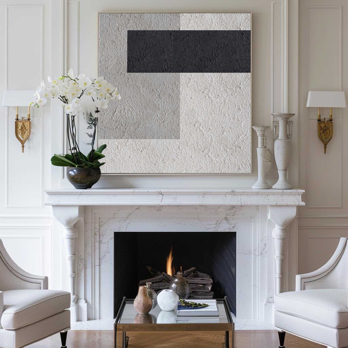 Black‑Grey‑Beige Square Geometric Block‑Segment Contrast‑Textured Artwork