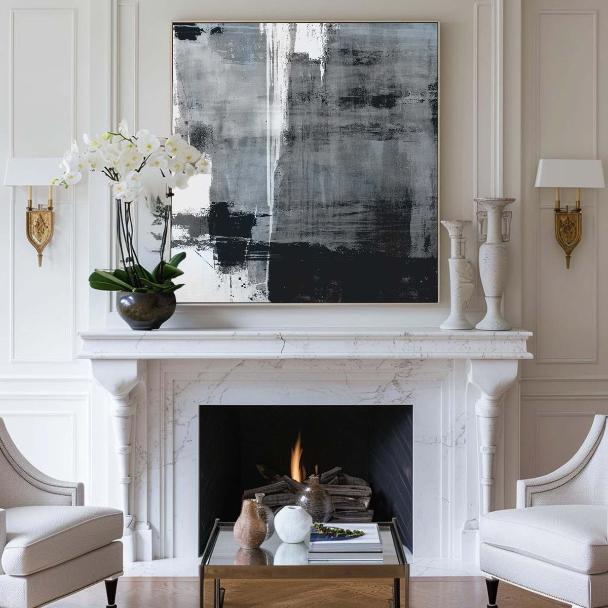 Blue Black White Abstract Painting