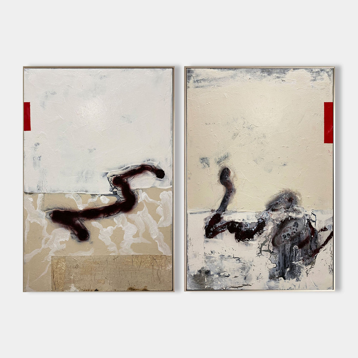 Minimalist Abstract Beige Black Red Diptych