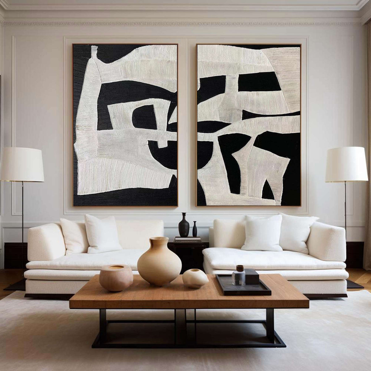 Wall Art Black White Abstract Minimalist Textured Diptych Living Room