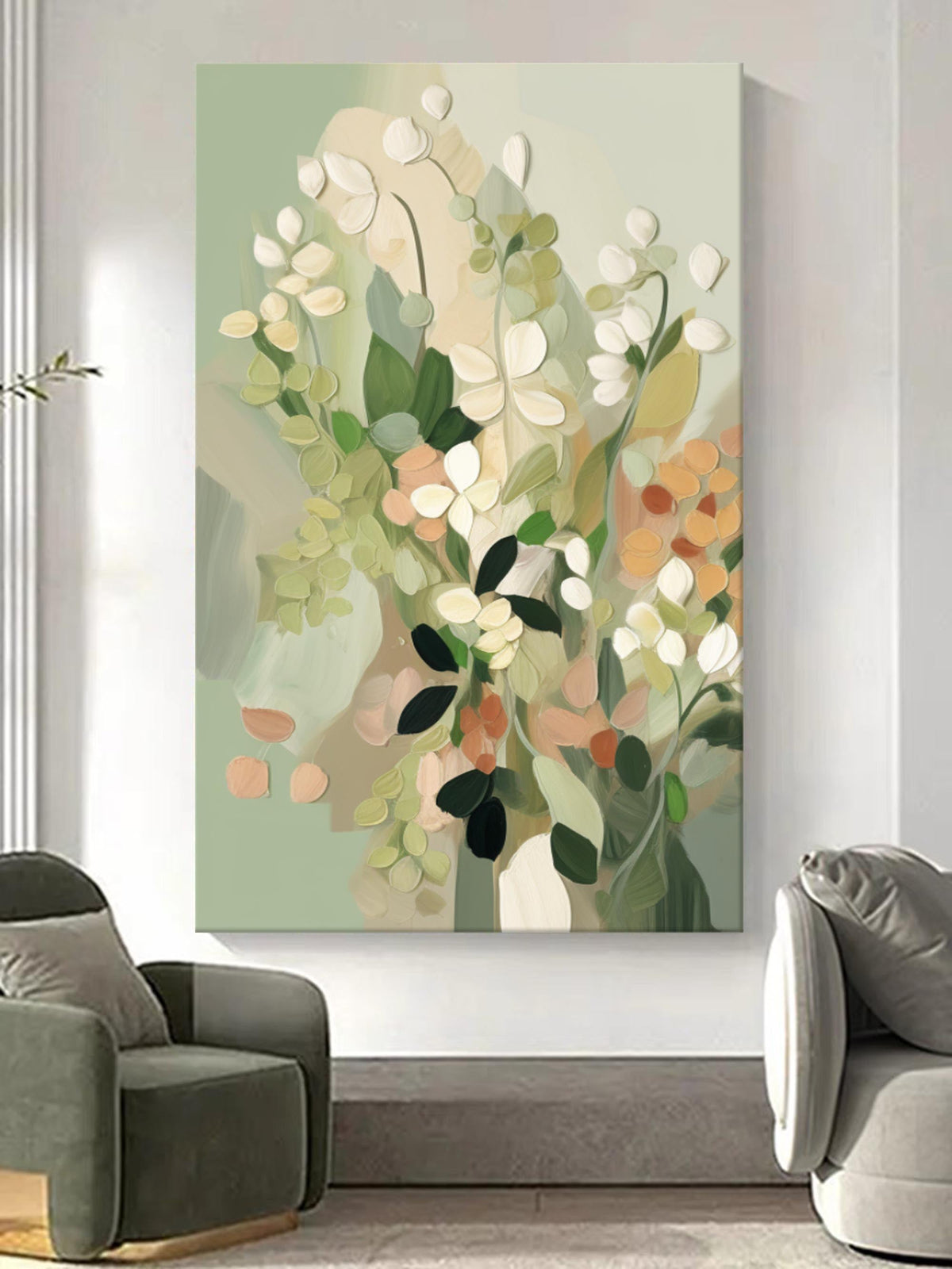 Modern Abstract Floral Painting Soft Green
