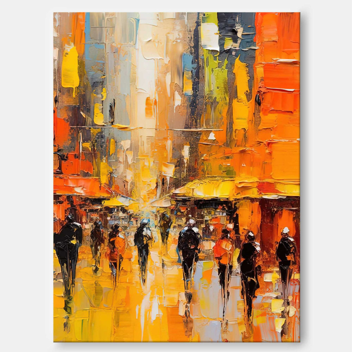 Impasto Cityscape Painting Vibrant Orange & Yellow
