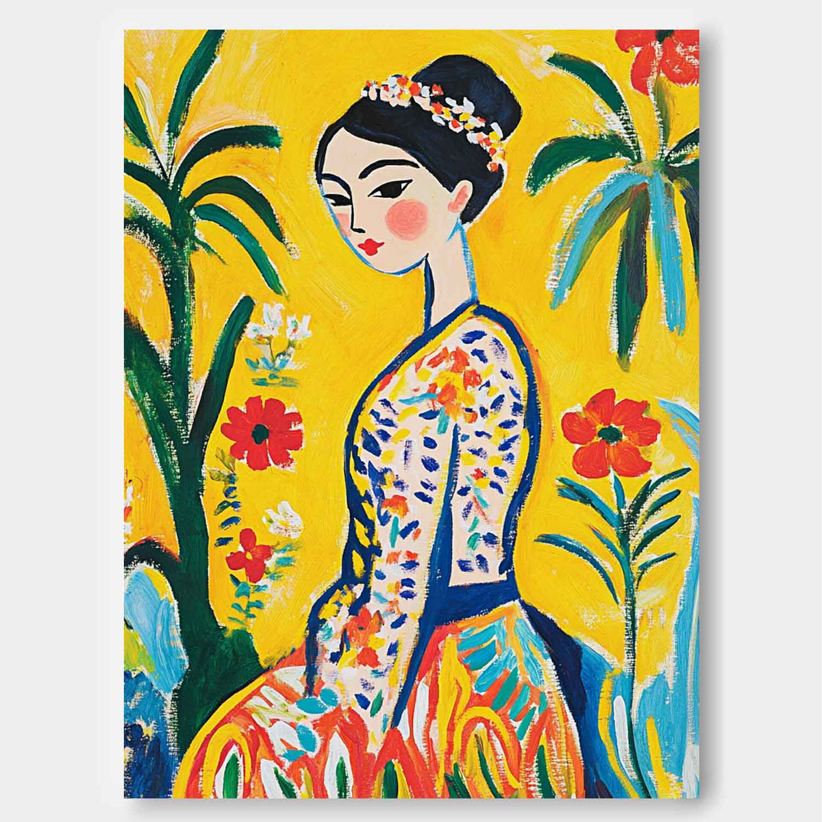 Fauvist Portrait Painting Vibrant Yellow Floral Wall Art