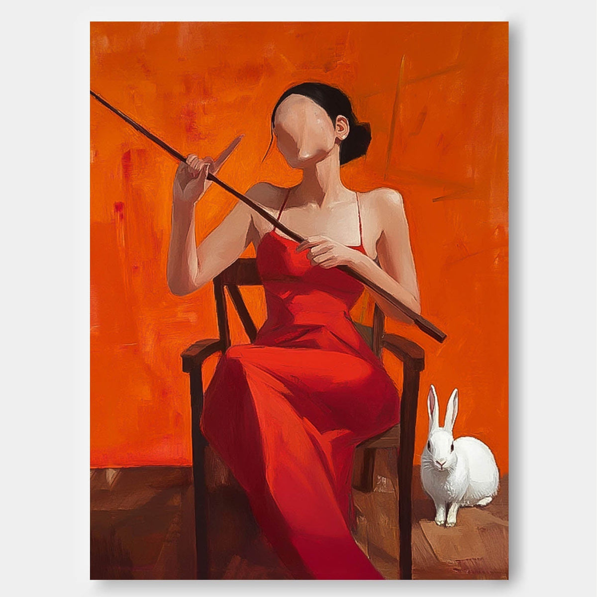 Faceless Woman In Red Dress Rabbit Oil Painting