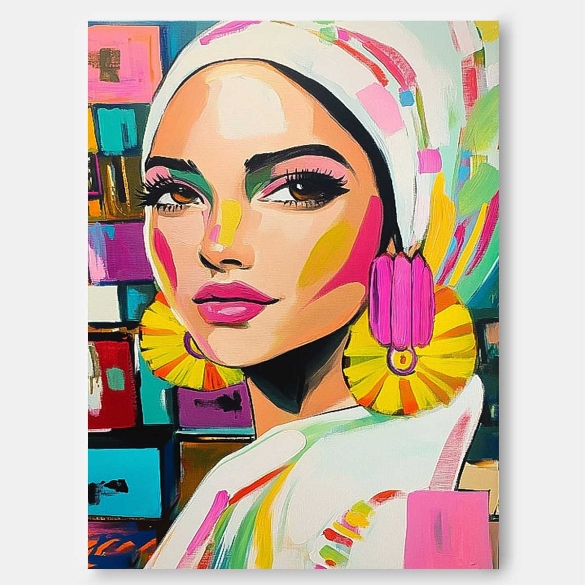 Vibrant Modern Woman Portrait Headwrap Oil Painting