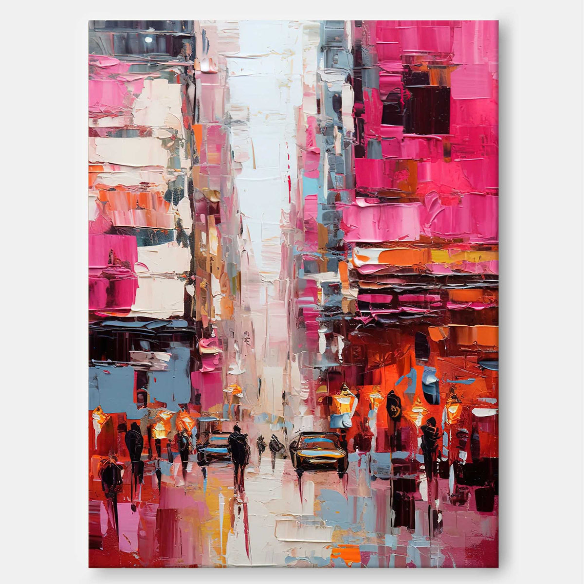 Impasto Cityscape Painting Vibrant Pink Orange