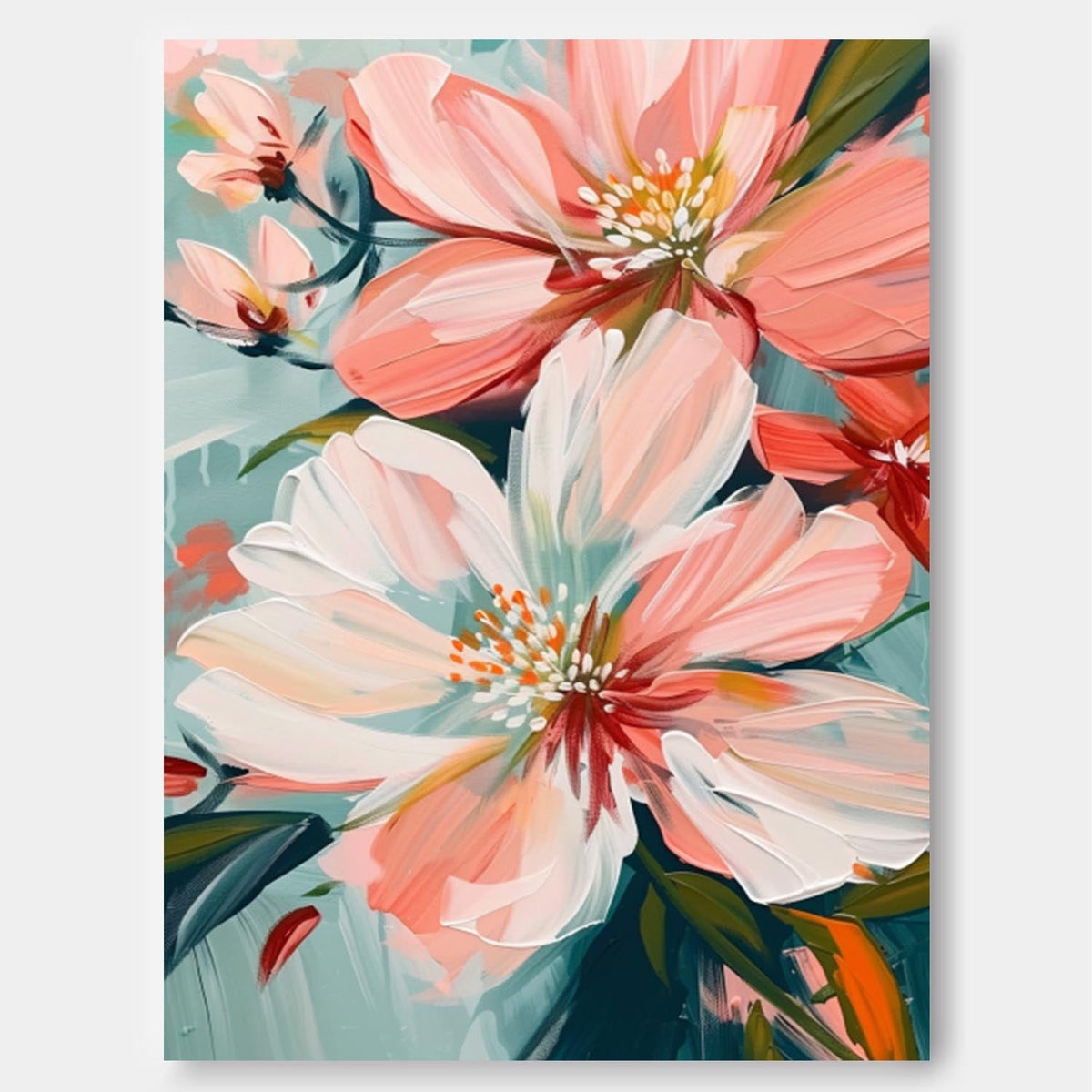 Blush Pink Floral Close Up Oil Painting Soft Teal