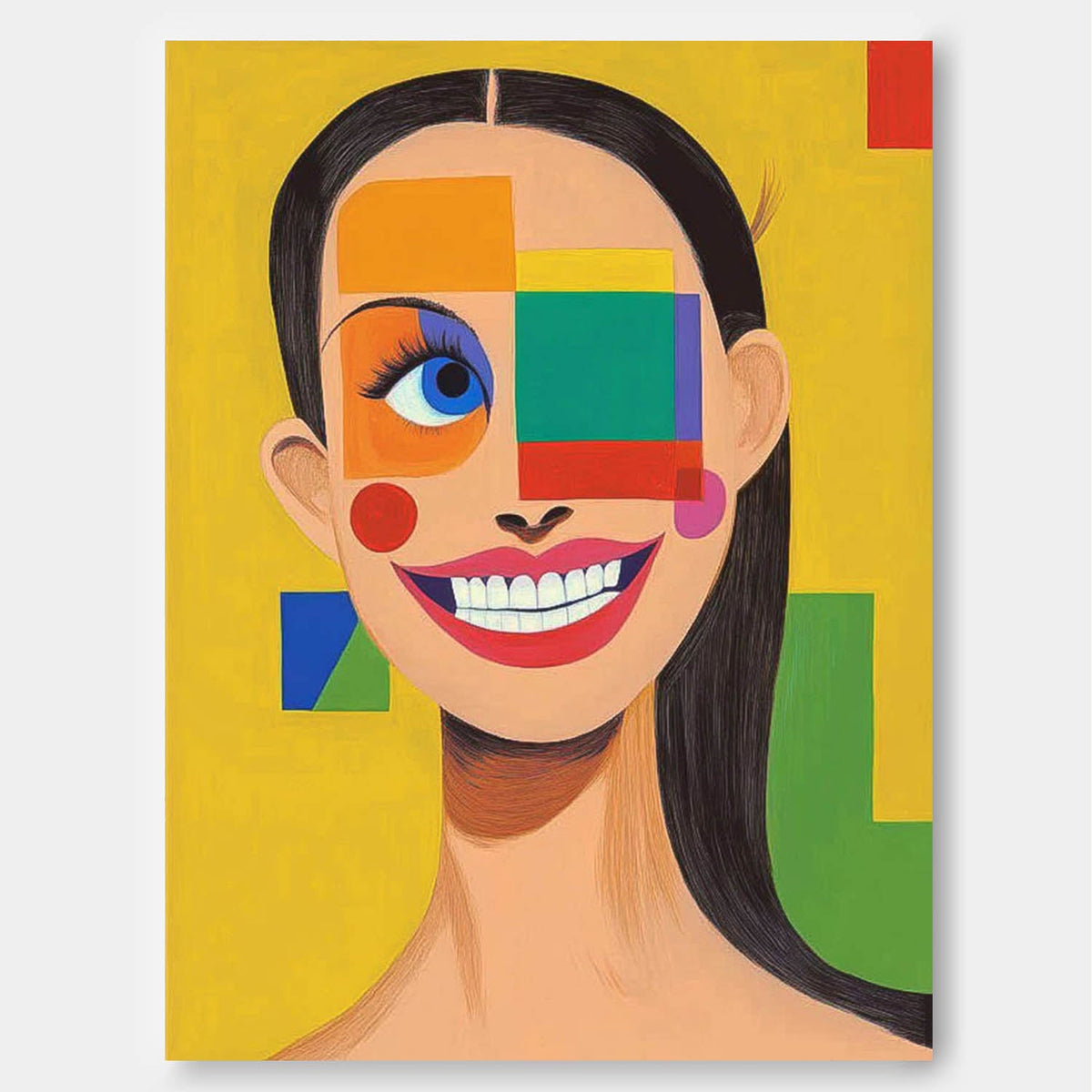 Vibrant Geometric Pop-Art Grin Portrait Oil Painting