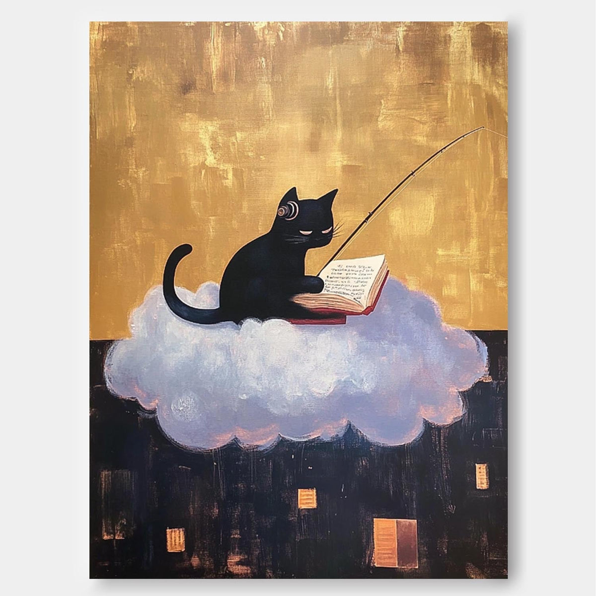 Whimsical Black Cat Fishing On Cloud Oil Painting