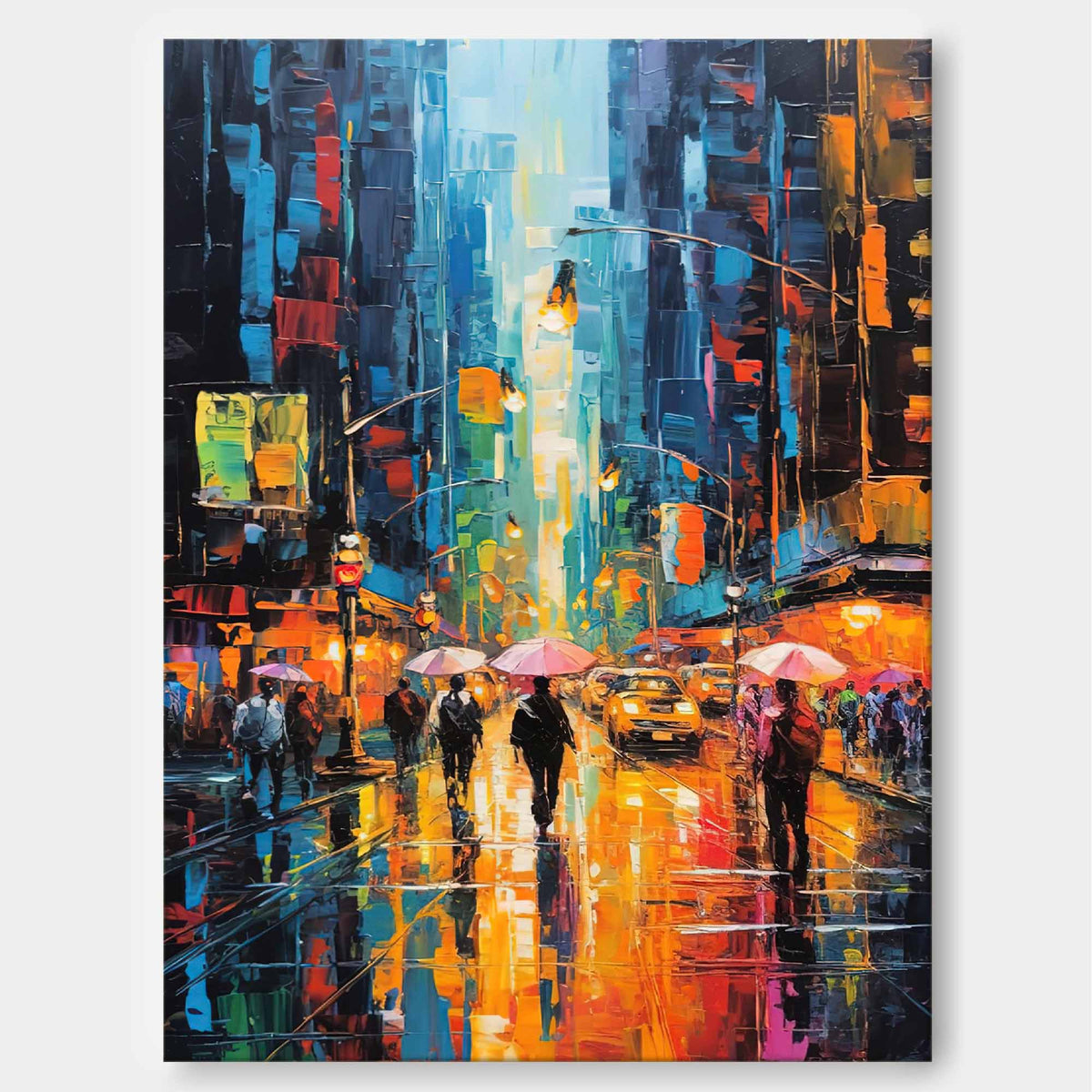 Impasto Cityscape Painting Vibrant Urban Rain
