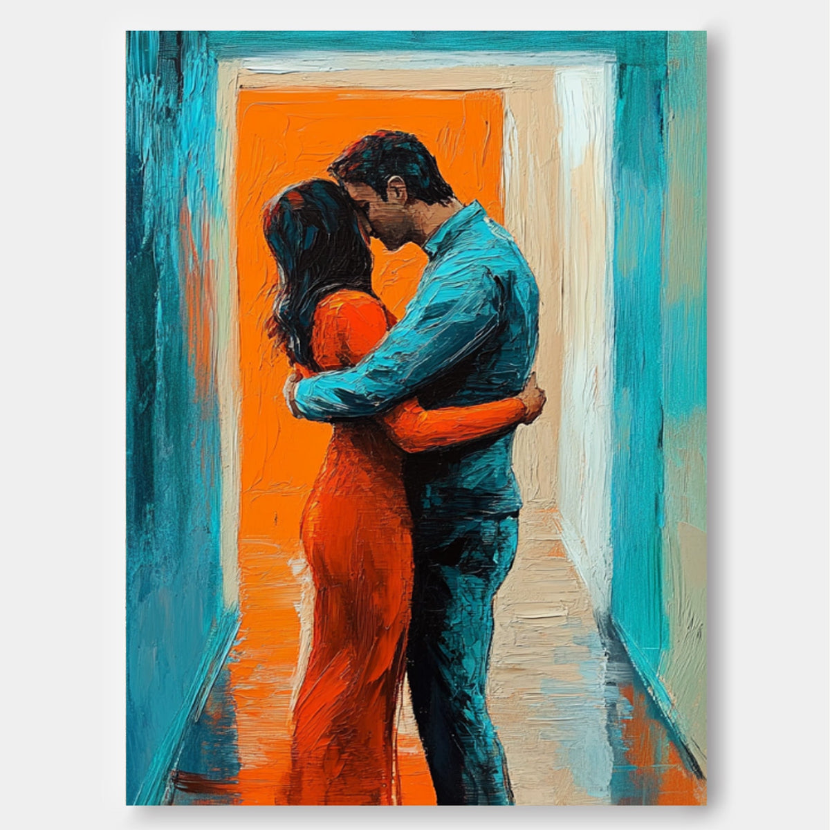 Impressionist Embrace in Doorway Painting Romantic