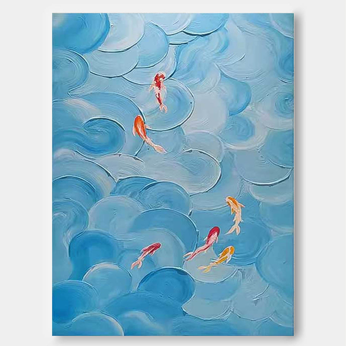 Blue Textured Koi Fish Wave Impasto Canvas Wall Art