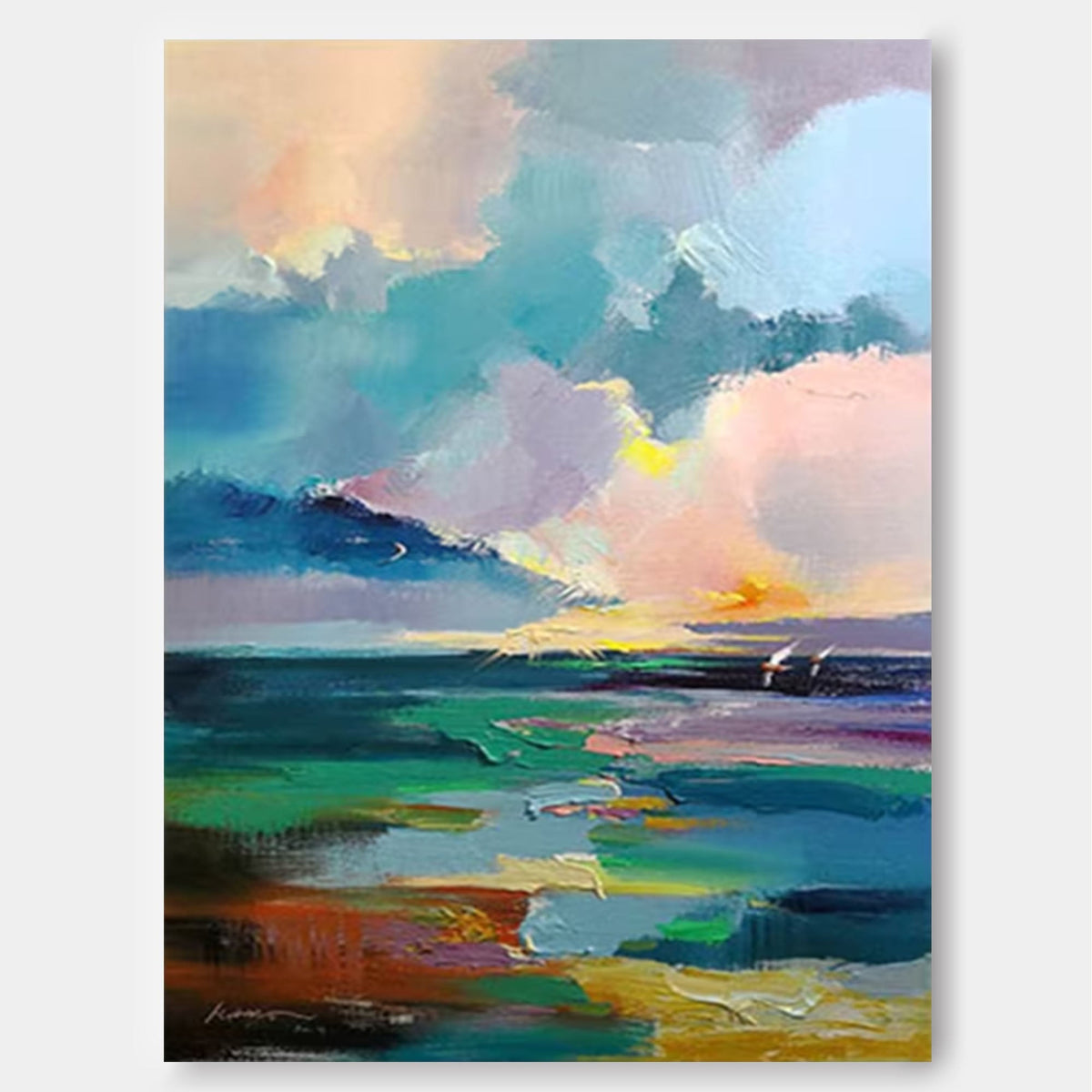 Vibrant Coastal Sunset Oil Painting Impasto Texture