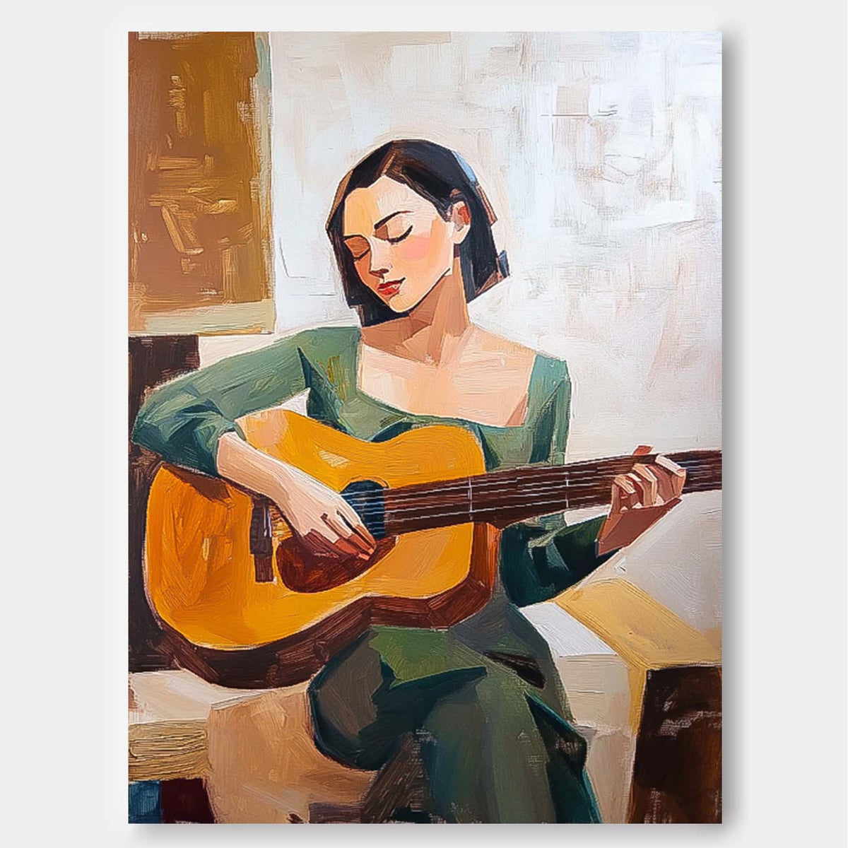 Woman In Green Dress Playing Guitar Oil Painting