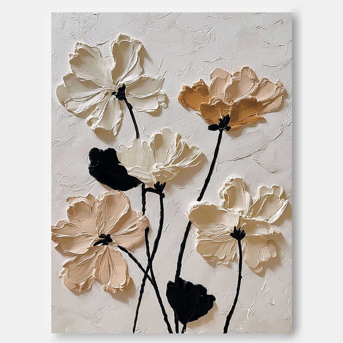 Neutral Impasto Floral Oil Painting 3D Texture