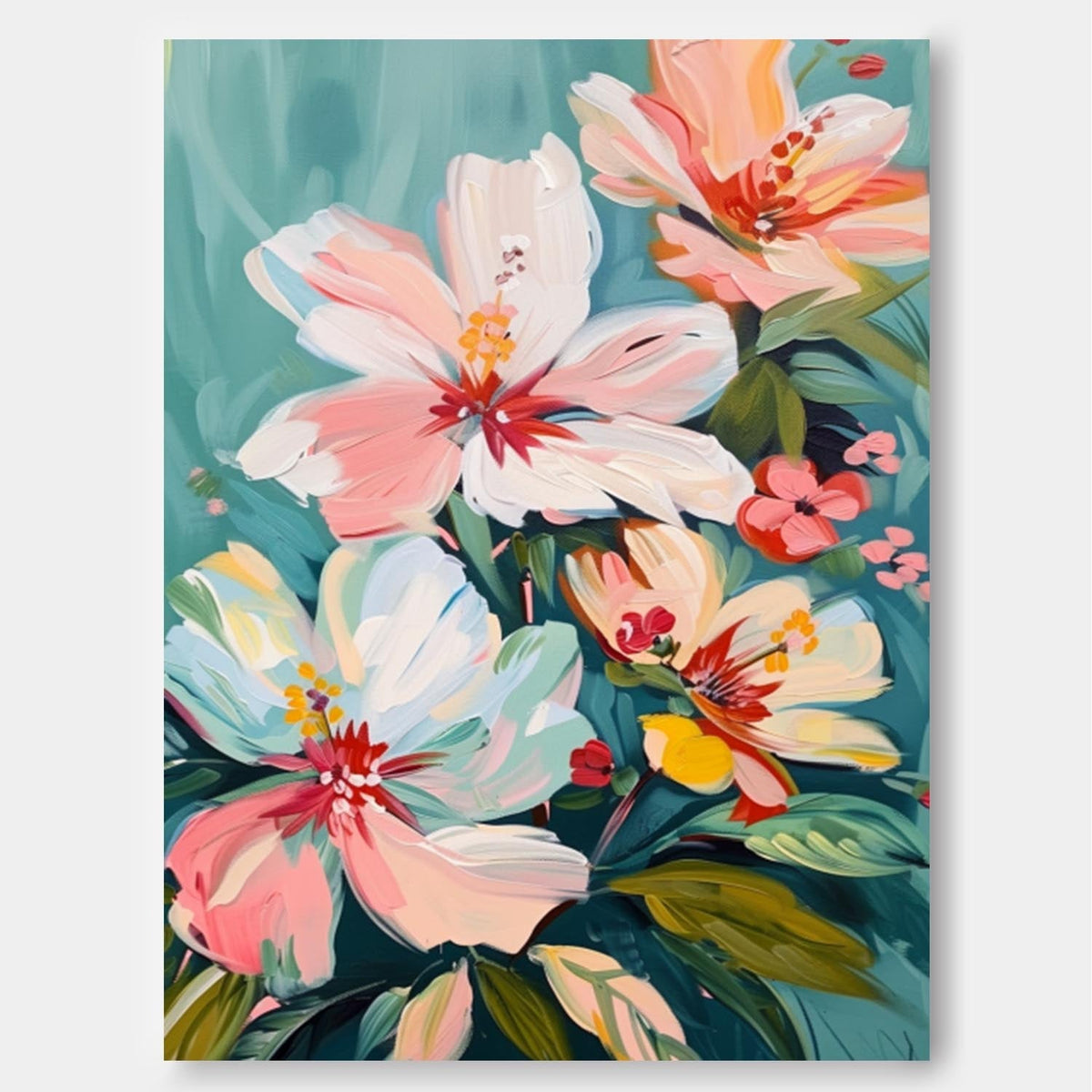 Pastel Floral Bouquet Oil Painting Teal Background