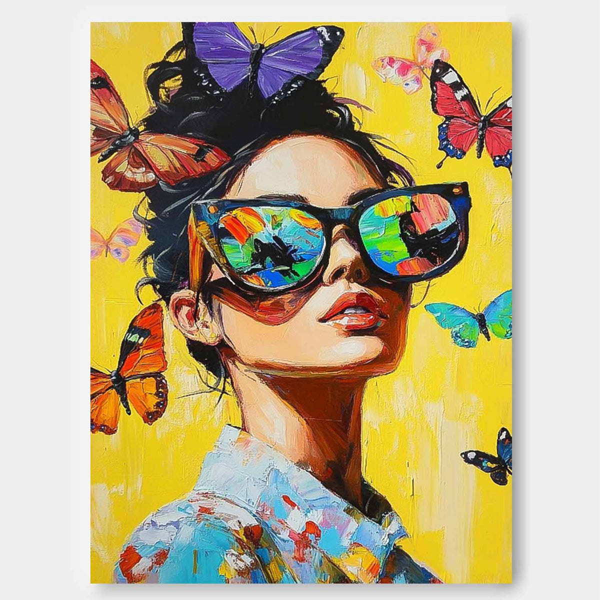 Woman Sunglasses And Butterflies Oil Painting