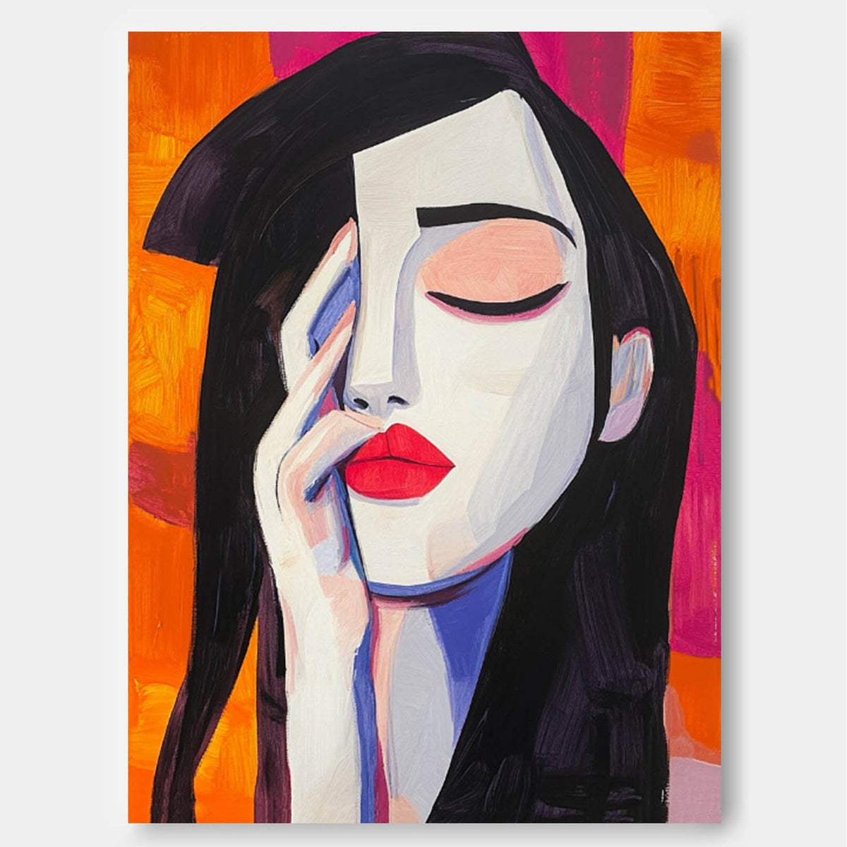 Stylized Contemplative Woman Portrait Oil Painting