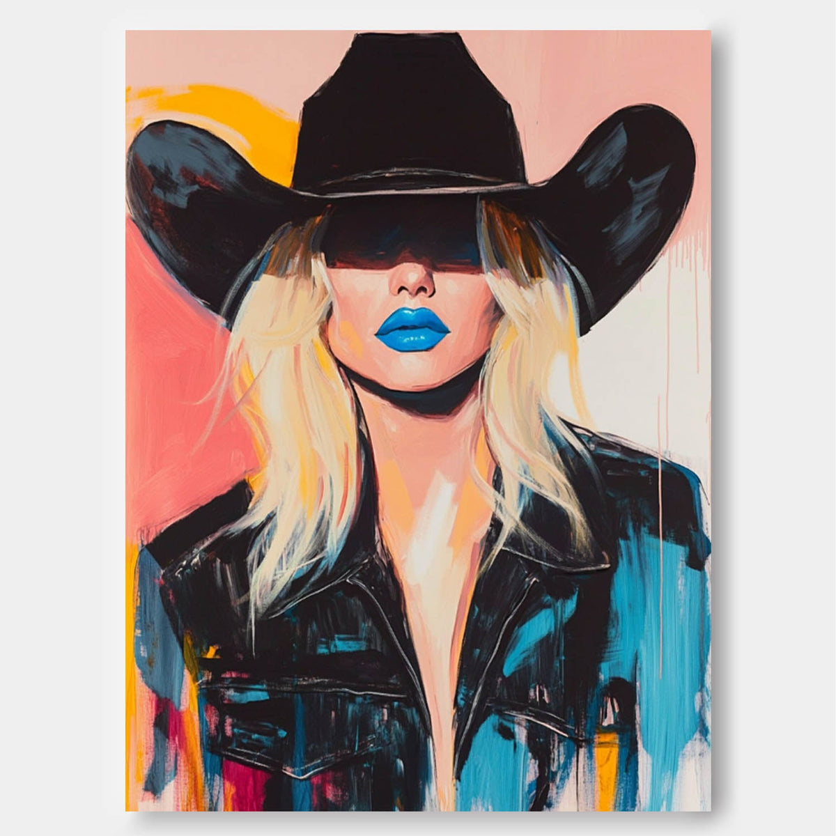 Blue Lip Cowgirl Pop Art Portrait Bold Colorful