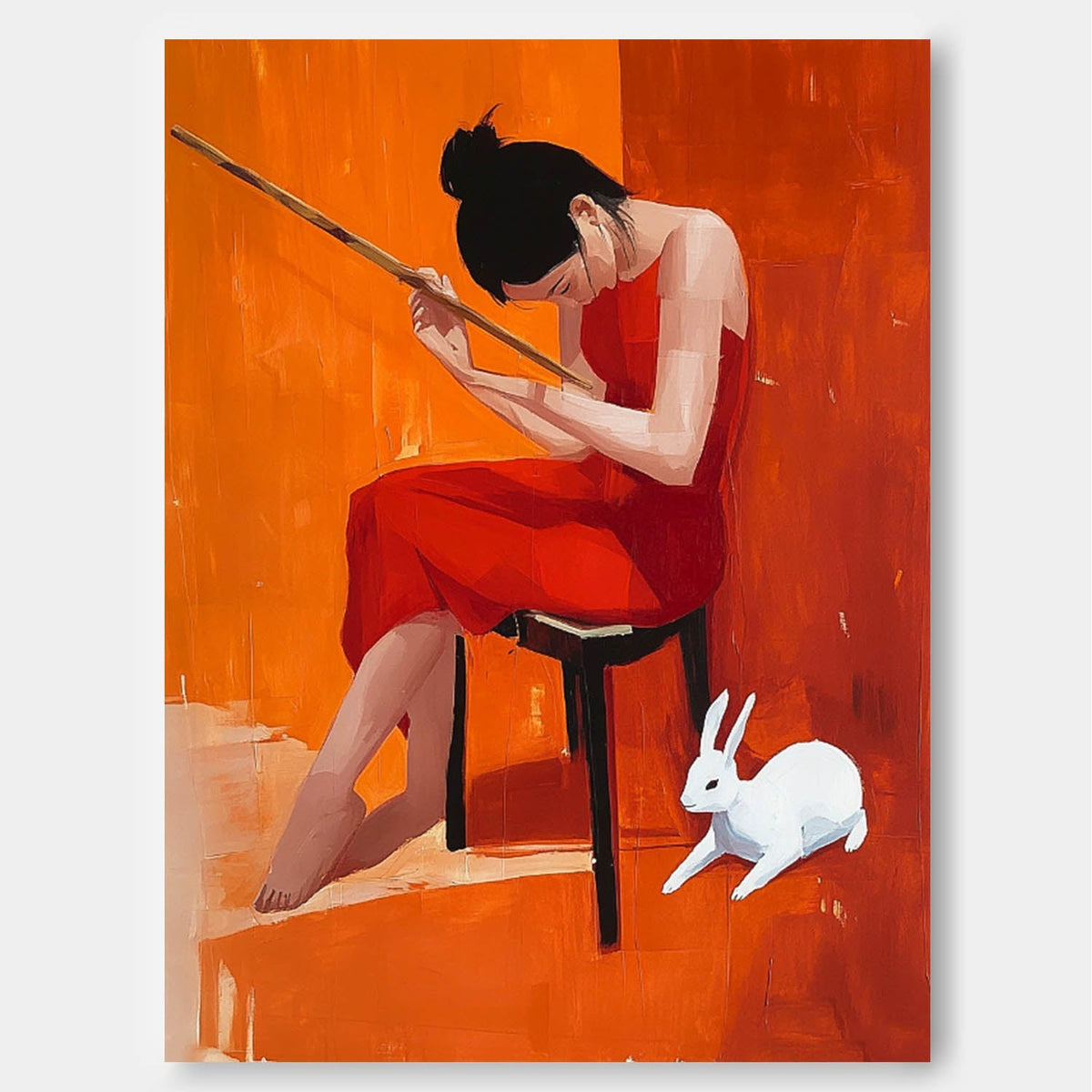 Woman In Red Dress With Rabbit Oil Painting