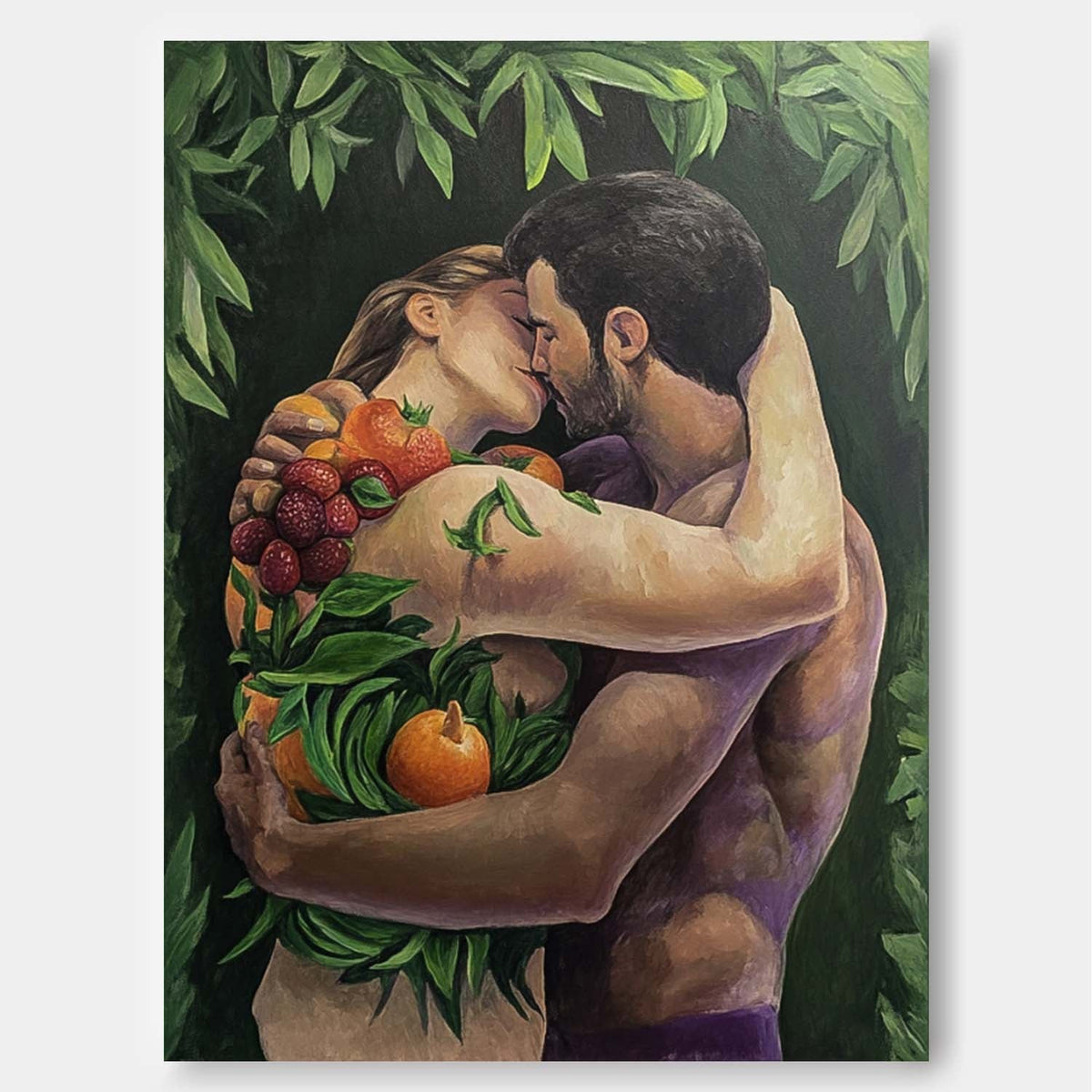Romantic Couple Embrace Fruits Foliage Oil Painting