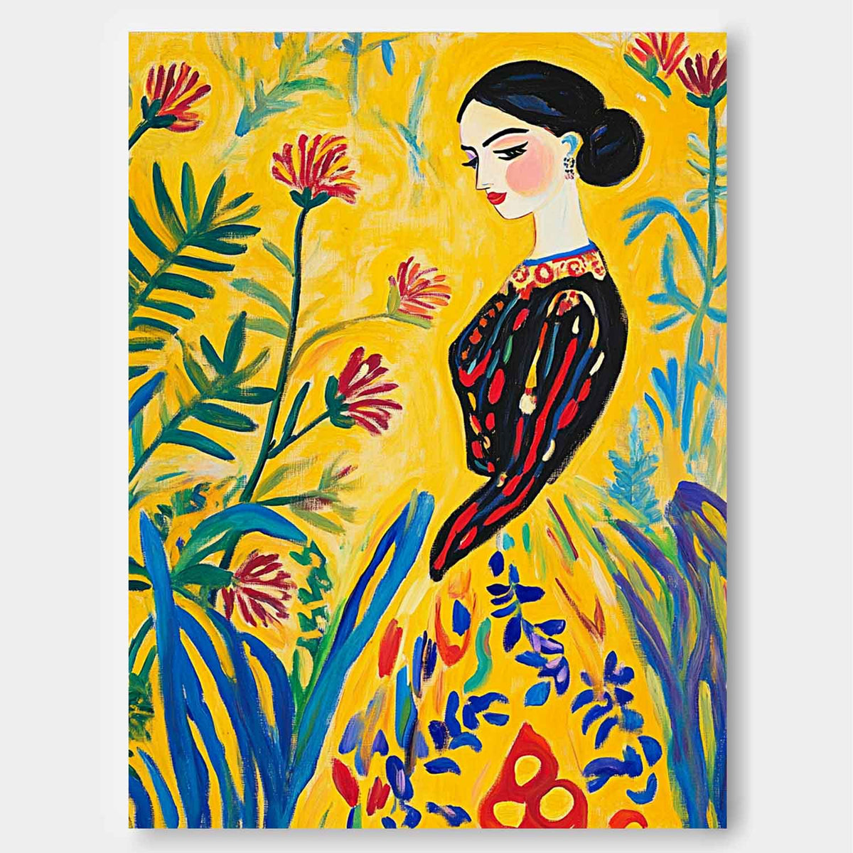 Fauvist Portrait Painting Vibrant Yellow Floral