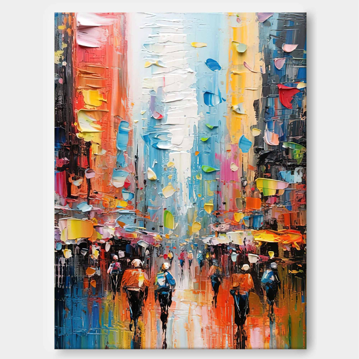 Impasto Cityscape Painting Vibrant Rainbow