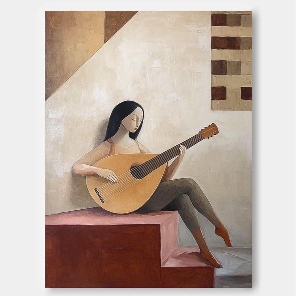 Minimalist Woman Playing Lute Serene