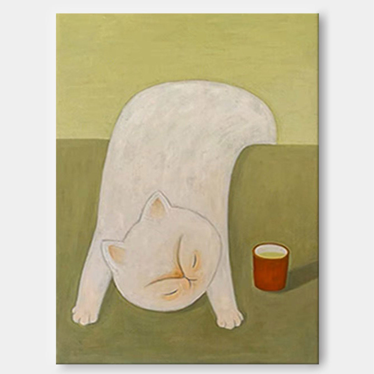 Whimsical Stretching White Cat Cozy Wall Art