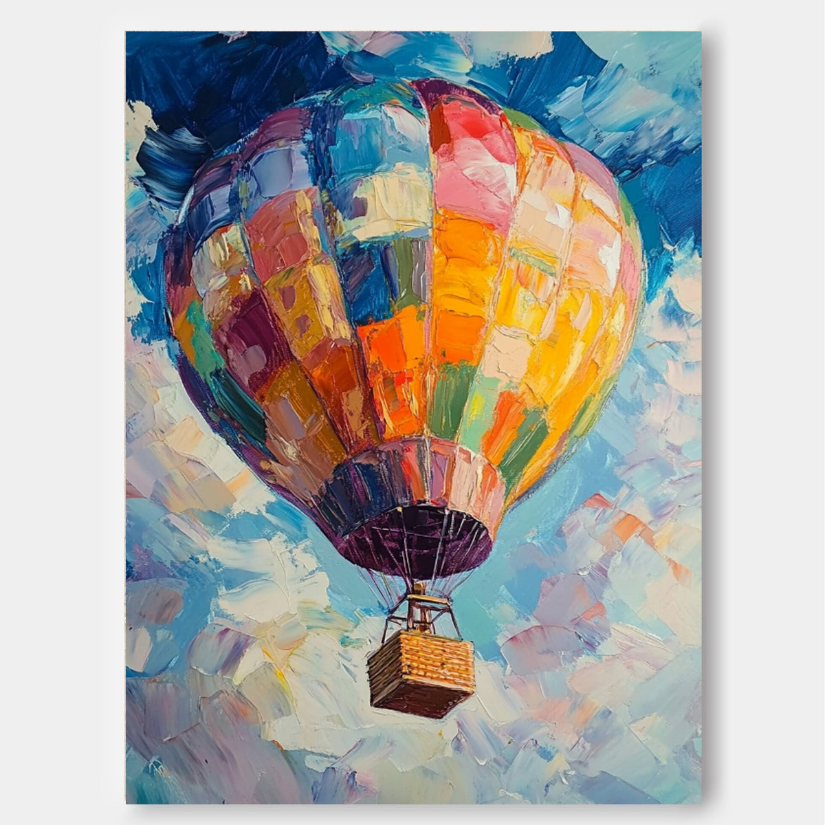 Vibrant Colorful Hot Air Balloon Impasto Oil Painting