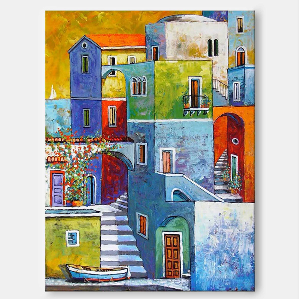 Colorful Mediterranean Coastal Town Oil Painting