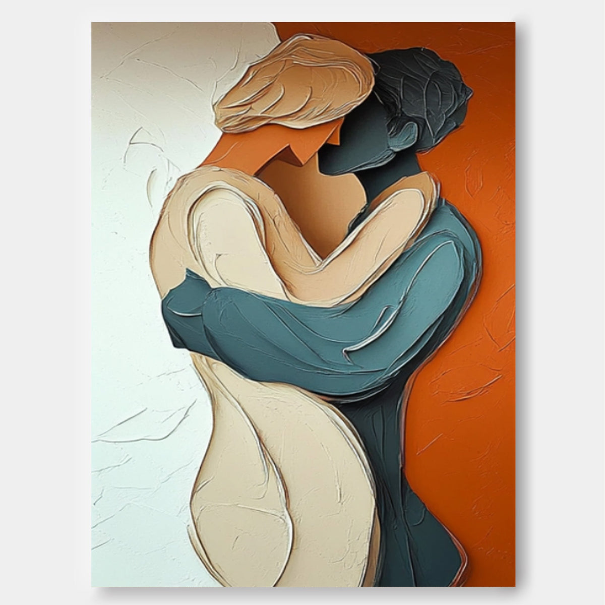Romantic Couple Embrace Textured Oil Painting