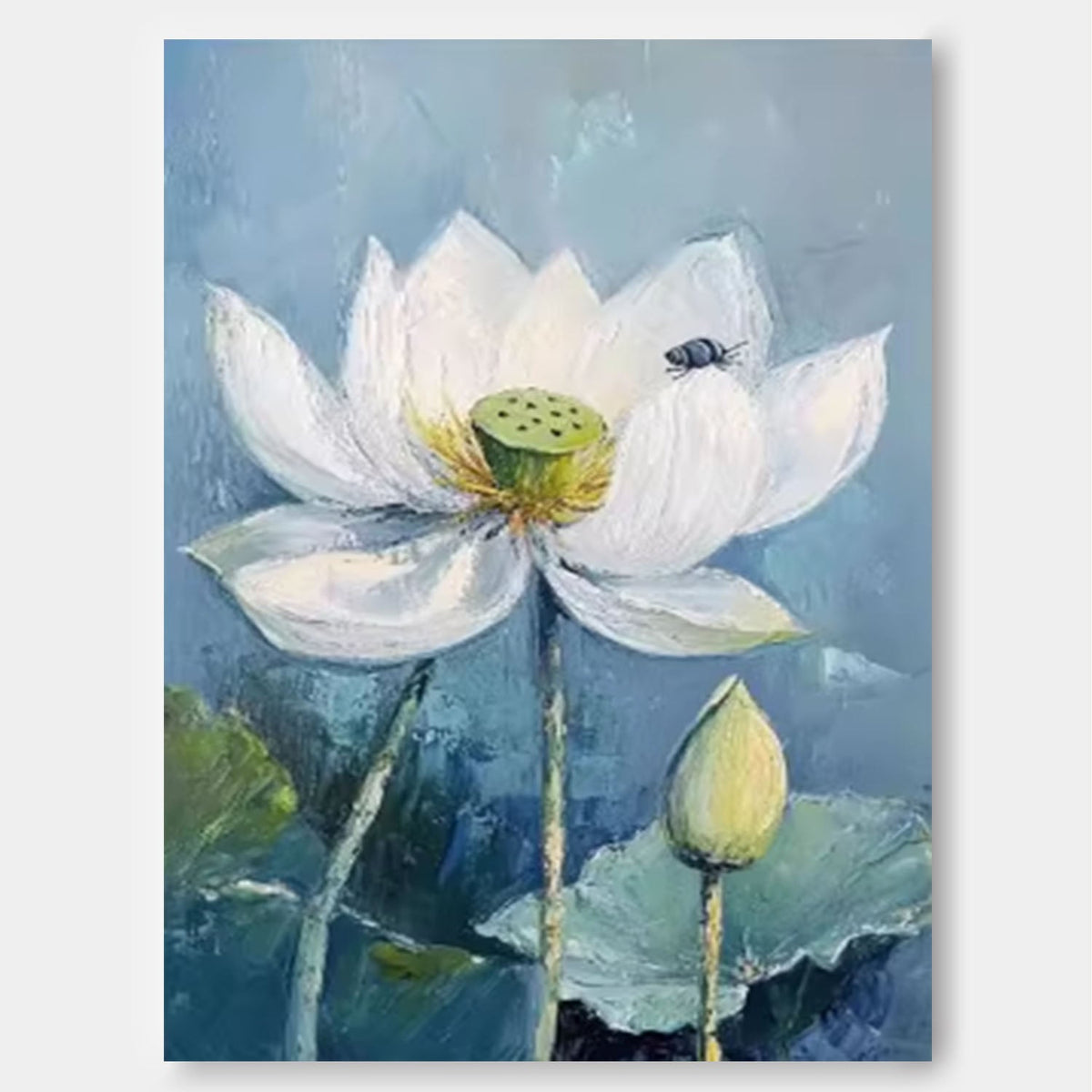 Serene White Lotus Oil Painting With Bee Accent