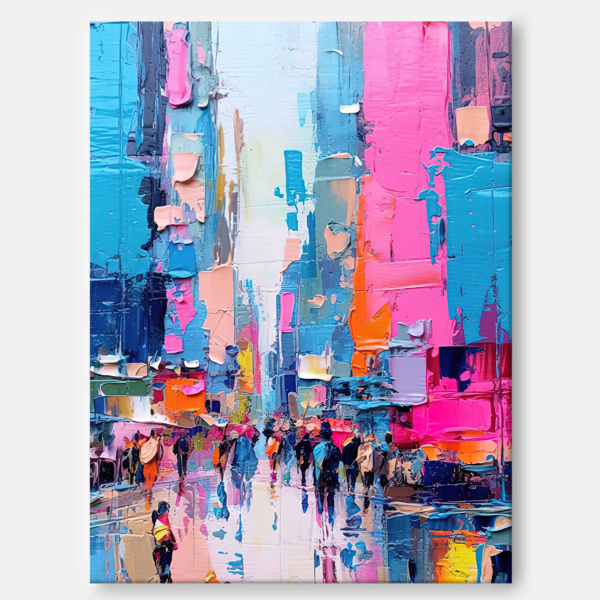 Impasto Cityscape Painting Vibrant Pink & Blue Wall Art