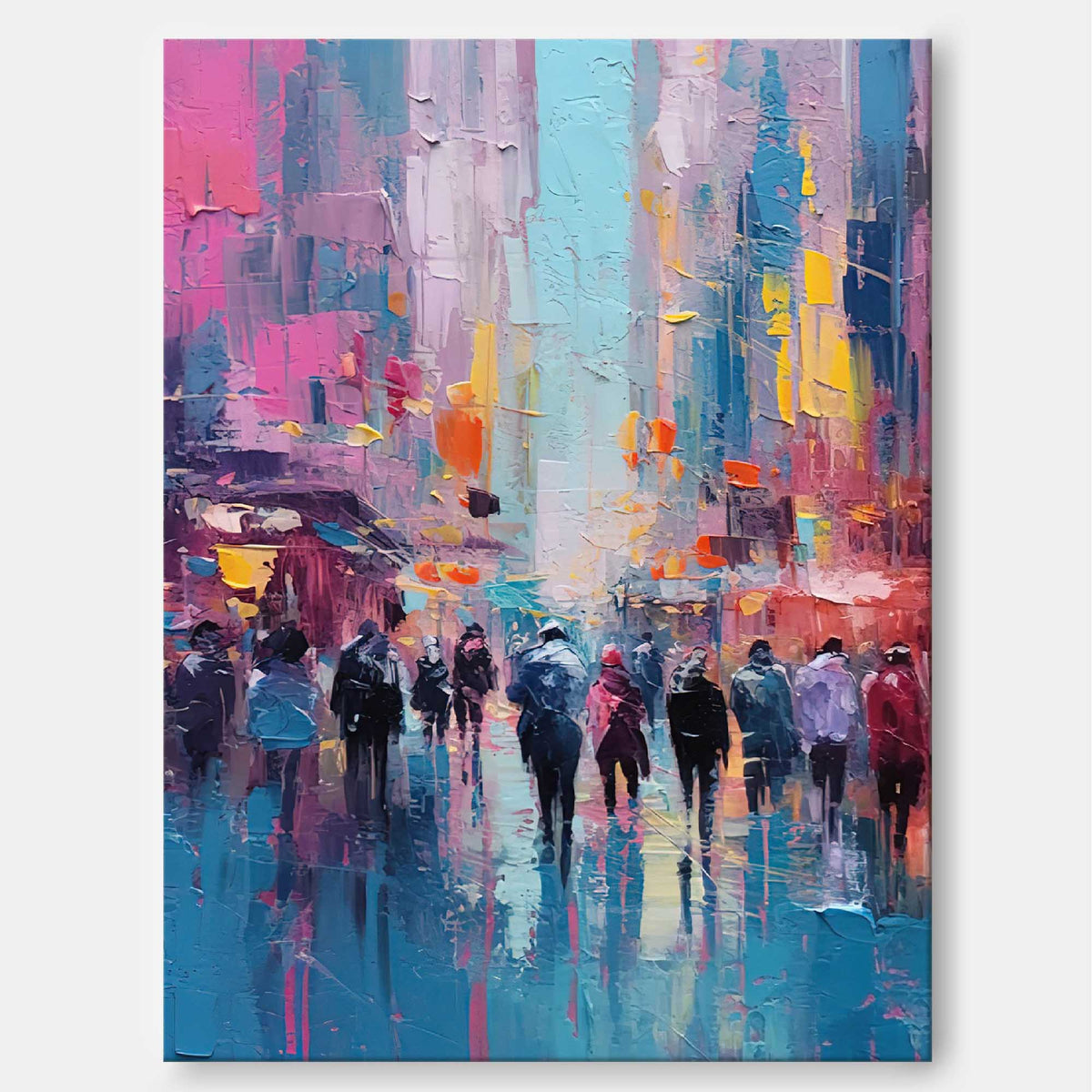 Impasto Rainy Cityscape Painting Vibrant Pink