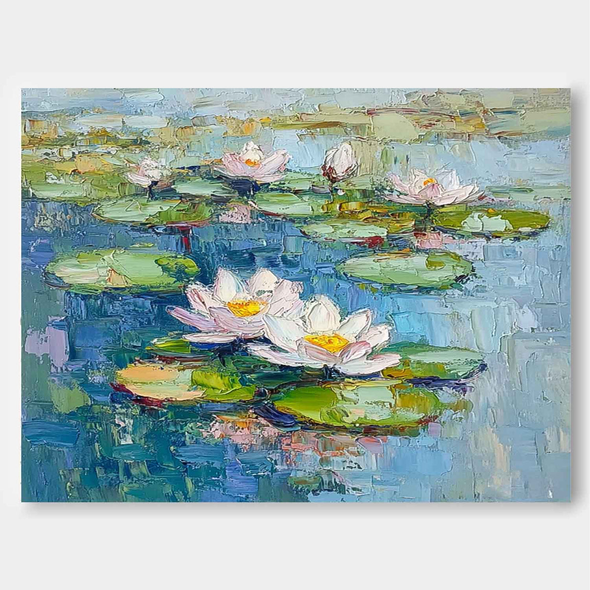Impasto Water Lily Painting Serene Blue & Green