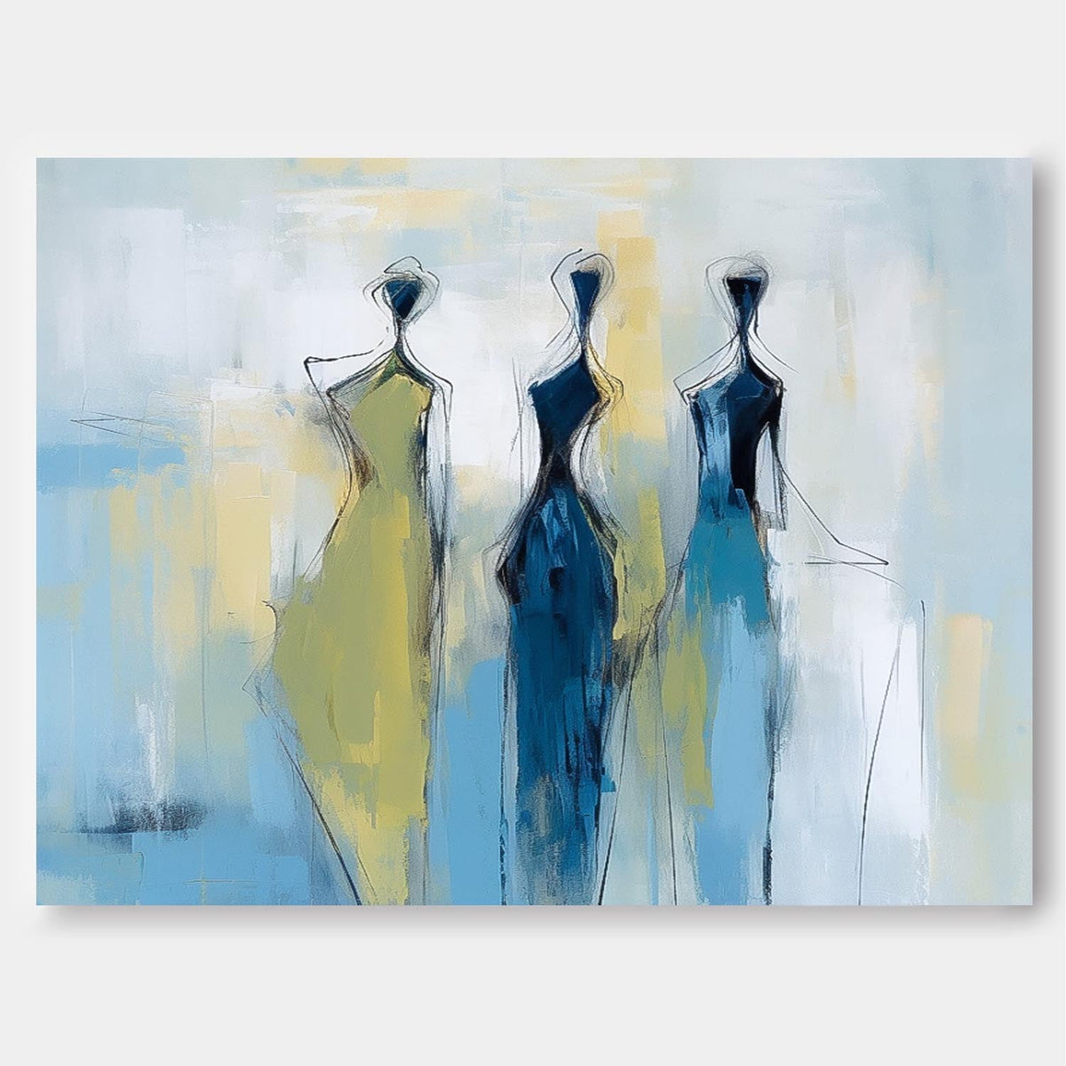 Three Stylized Figures In Blue And Yellow Gowns