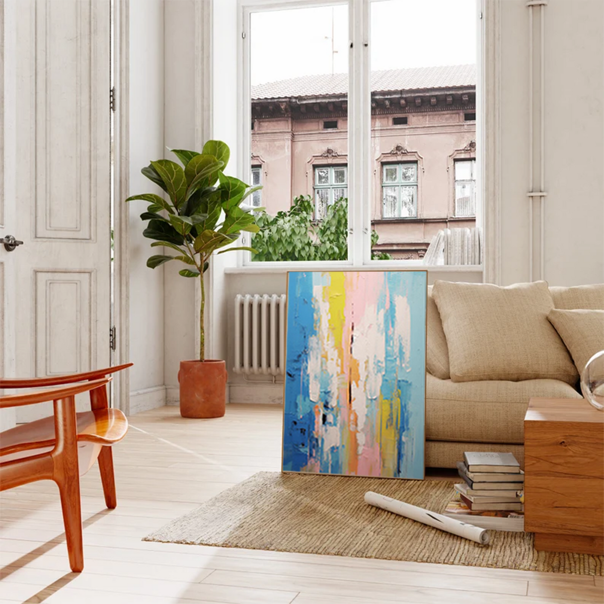 Impasto Vertical Abstract Painting Blue And Pink